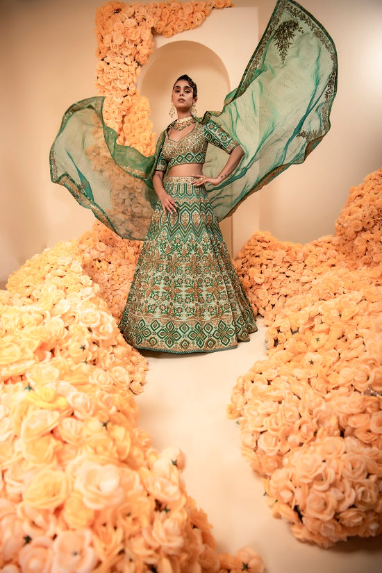 Aqua green crepe lehnga set with organza dupatta